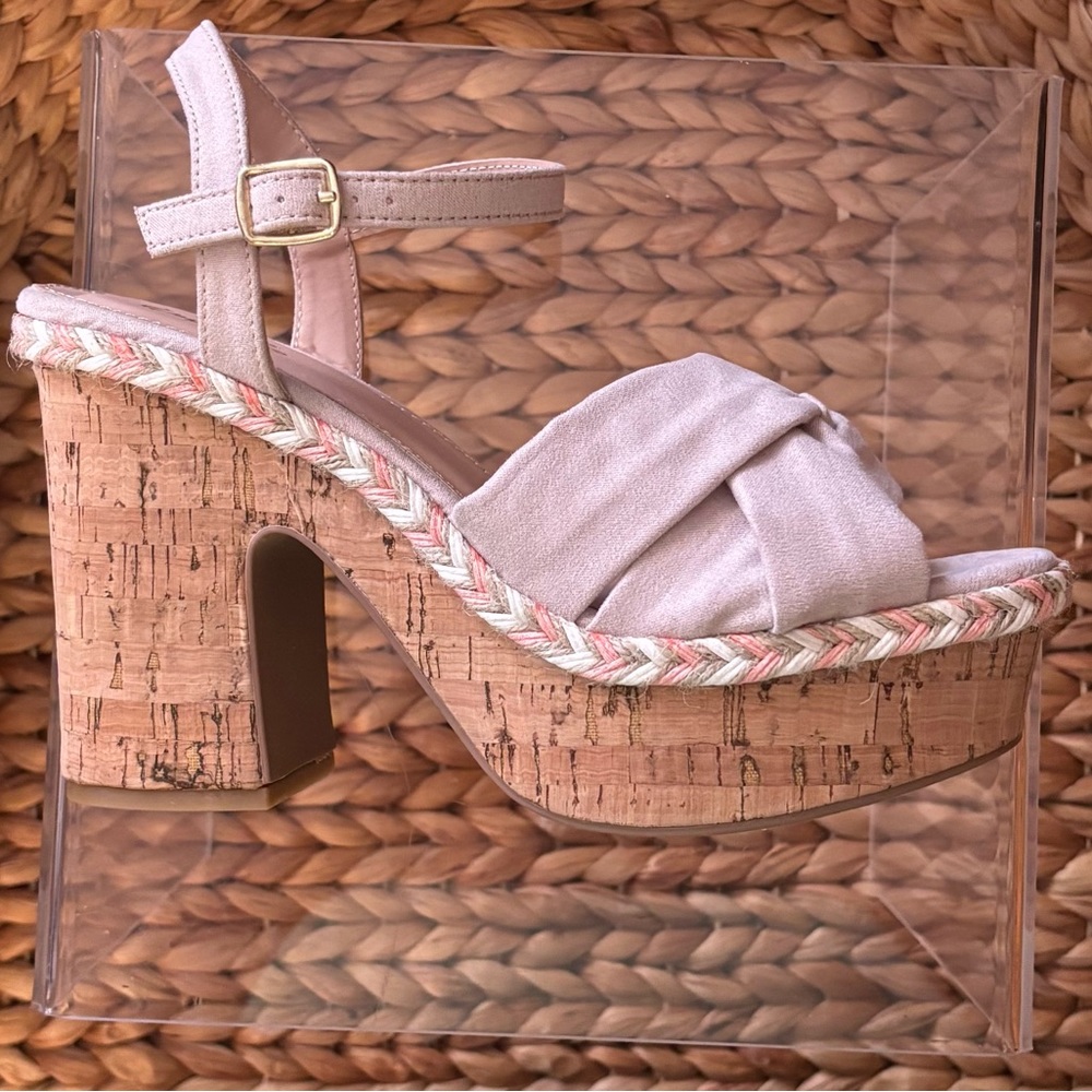 Beige Suede Platform Sandals with Cork Heel and Crisscross Design